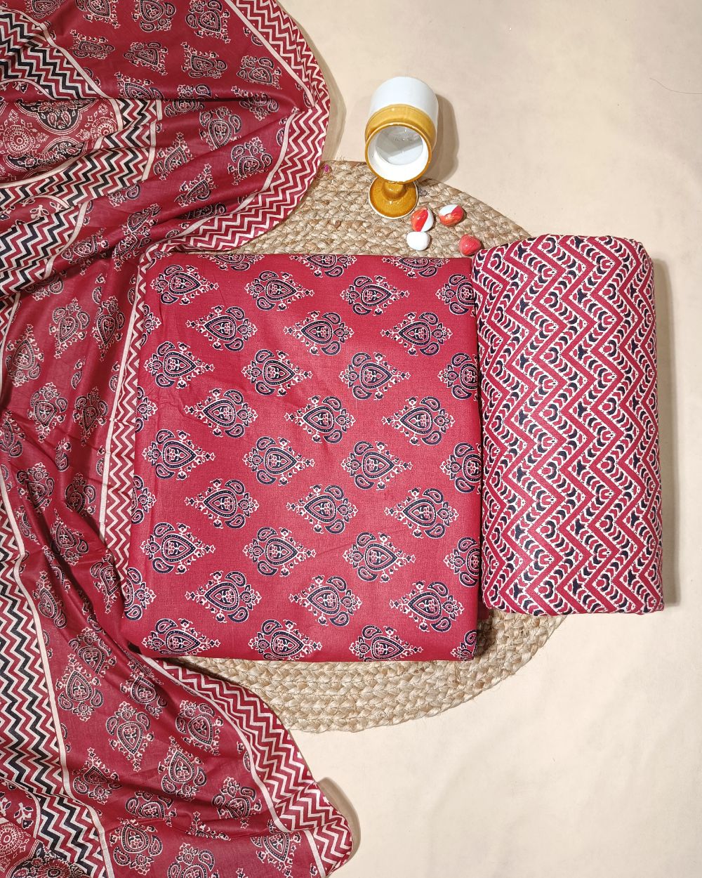 Printed Cotton Unstitched Top-Bottom Set with Dupatta Maroon Colour 44 Inches Width