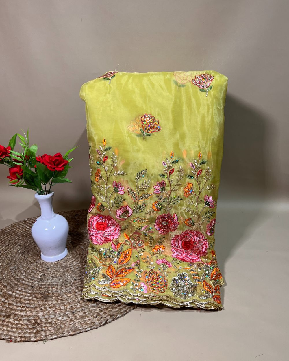 Premium Pure Soft Organza with Border Work Lemon Green Colour 42 Inches Width