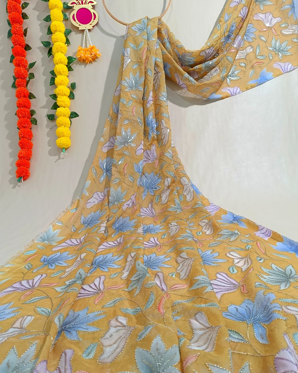 Premium Organza Work Mustard Yellow Colour 44 Inches Width