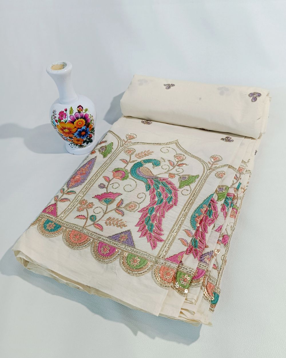 Kora Cotton Border Work Off White Colour 46 Inches Width