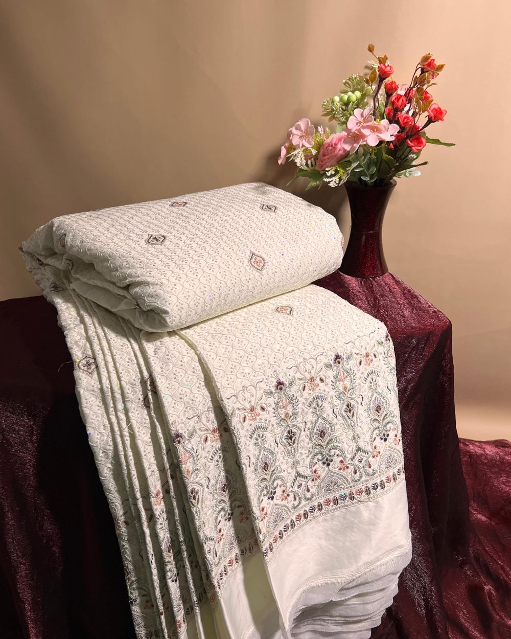Malai Silk Work White Colour 56 Inches Width