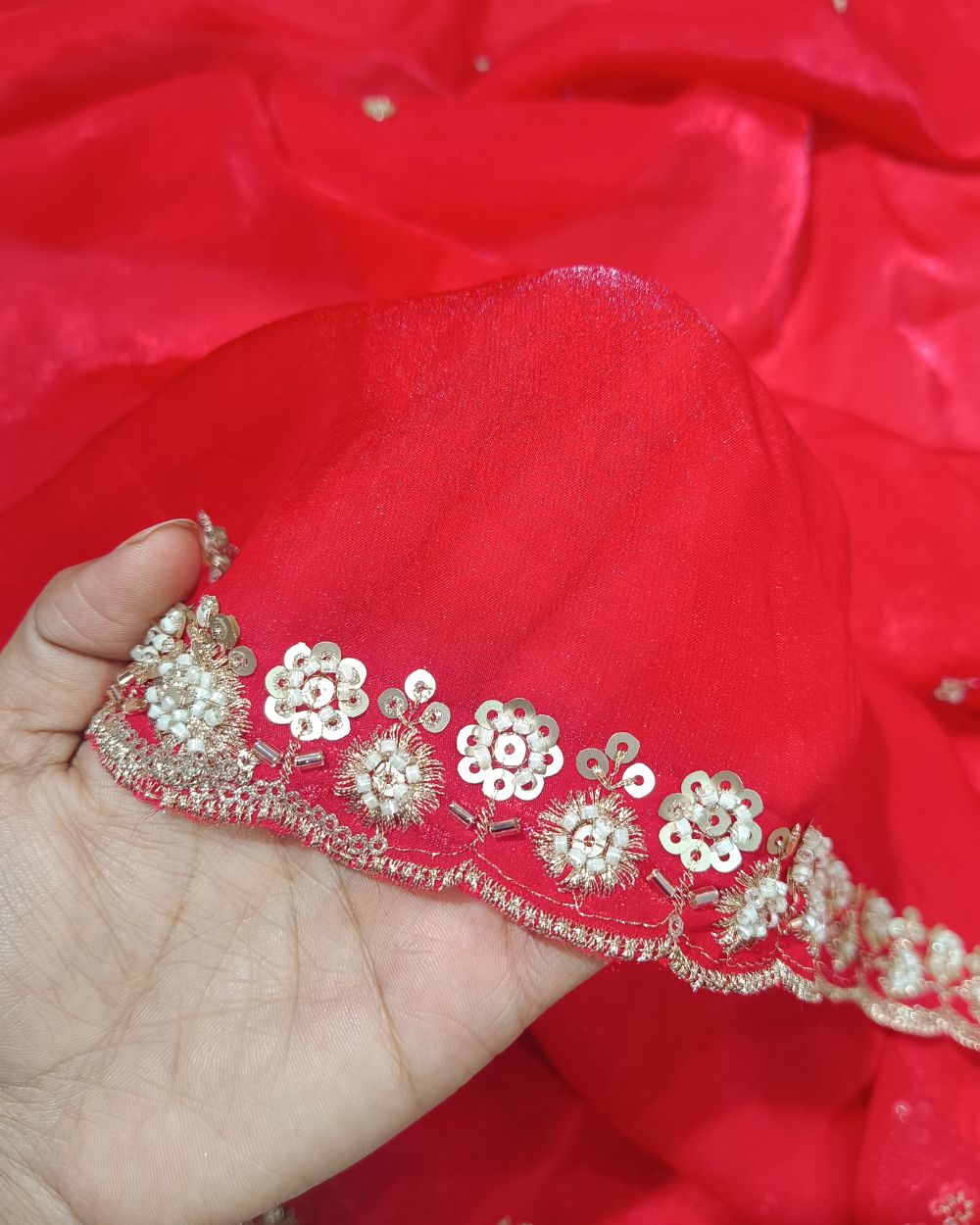 Space Silk Work Dupatta Fabric with Border Red 38 Inches Width