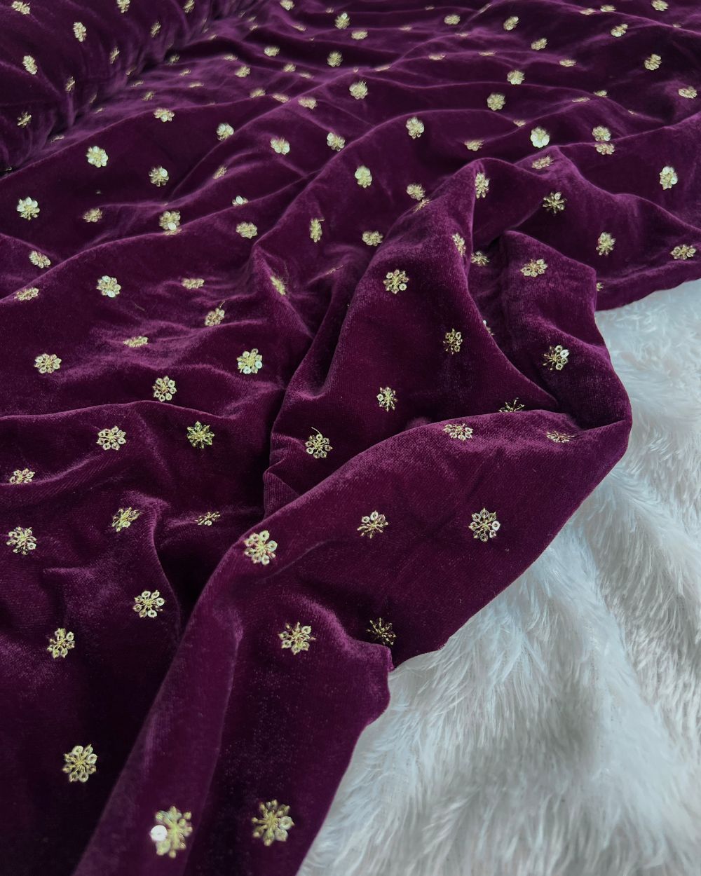 Premium Velvet Butti Work Wine Colour 45 Inches Width