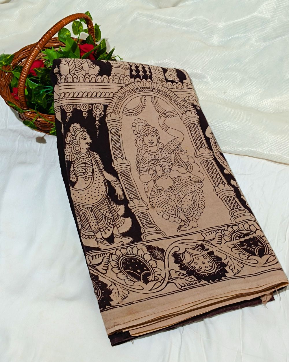Hand Block Printed Cotton Kalamkari Black Colour 46 Inches Width