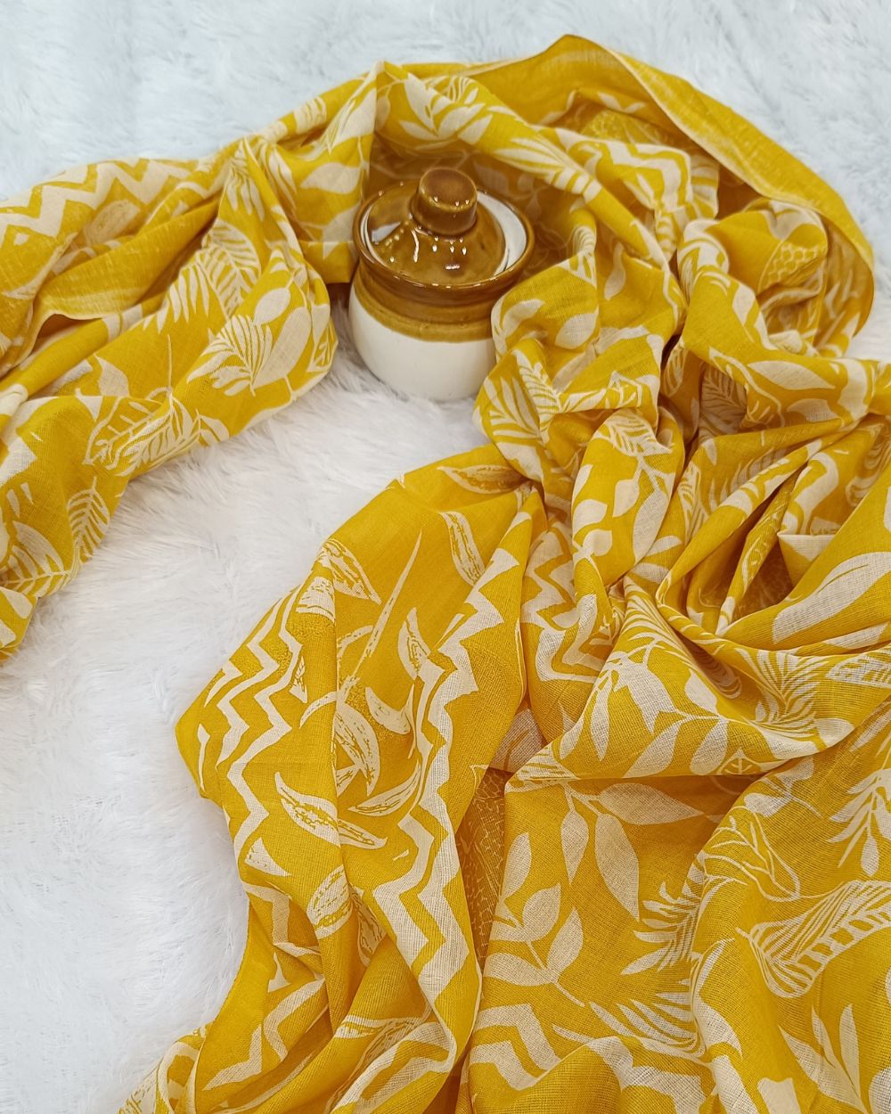 Printed Cotton Unstitched Top-Bottom Set with Dupatta Yellow Colour 42  Inches Width