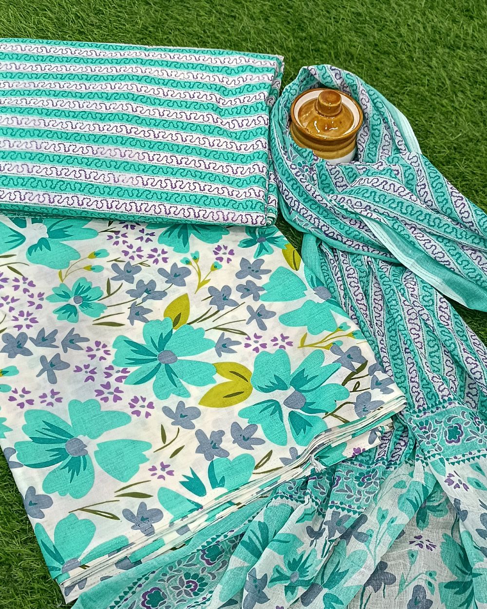 Printed Cotton Unstitched Top-Bottom Set with Dupatta Turquoise Colour 42  Inches Width
