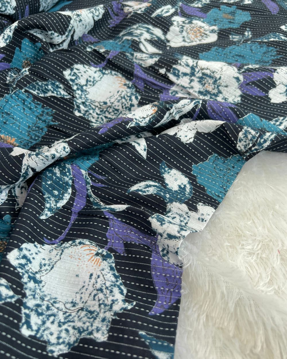 Printed Cotton Kantha Work Dark Navy Blue Colour 42 Inches Width