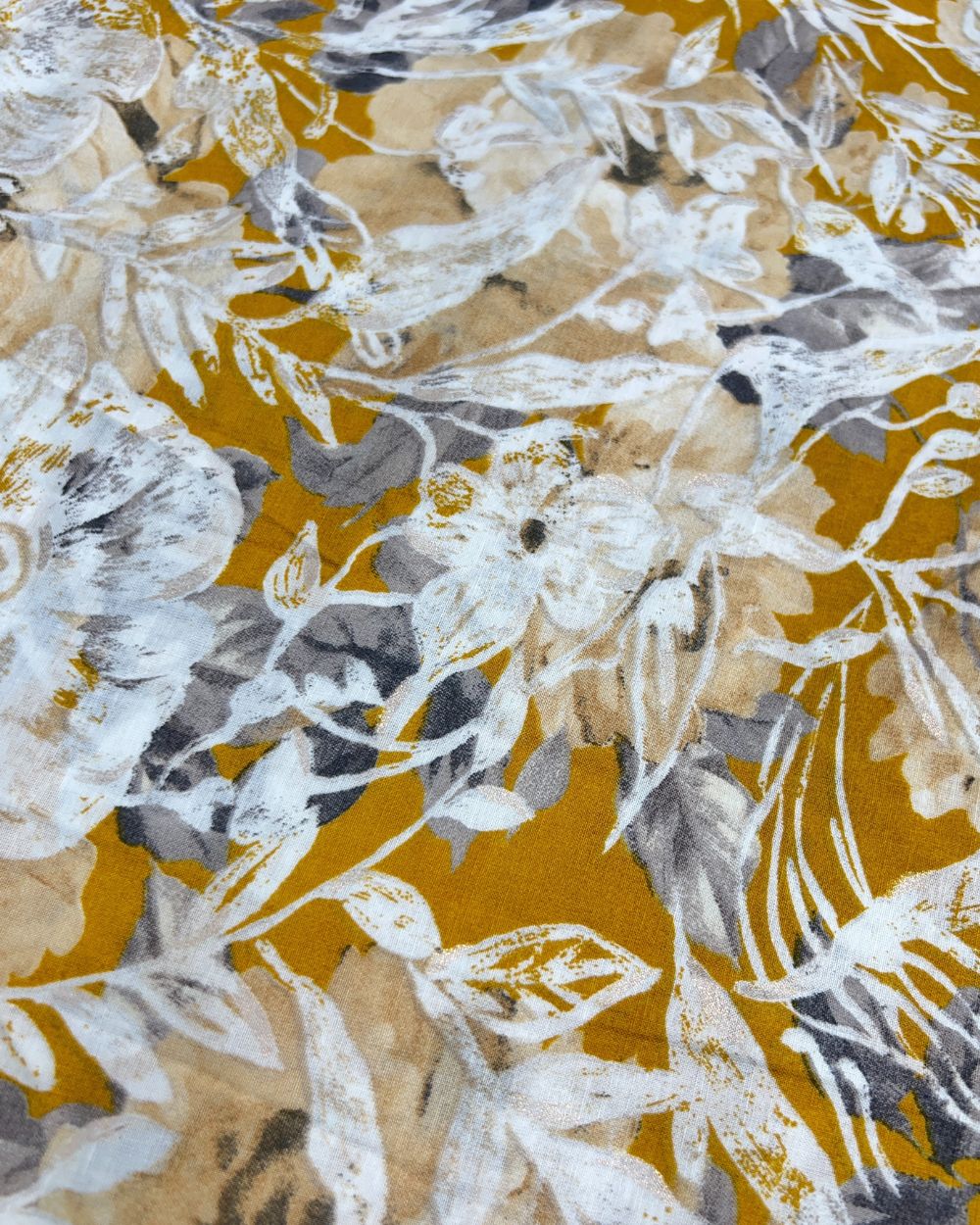 Printed Mal Cotton with Foil Mustard Yellow Colour 42 Inches Width