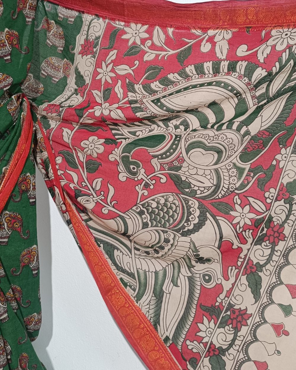 Hand Block Printed Cotton Kalamkari Saree with Blouse Piece Green Colour 46 Inches Width