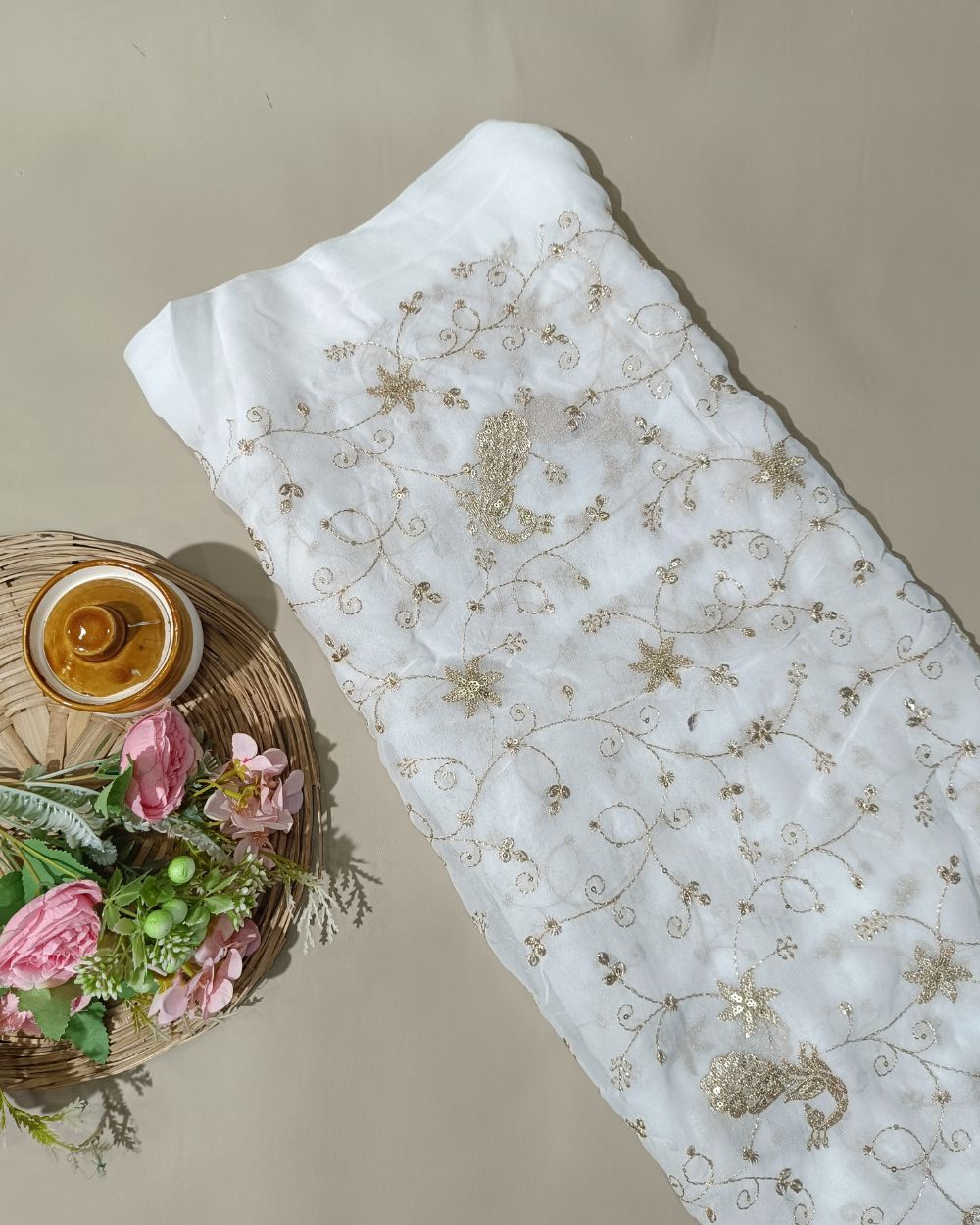 Dyeable Lucknowi Work Viscose Georgette White Colour 44 inches width