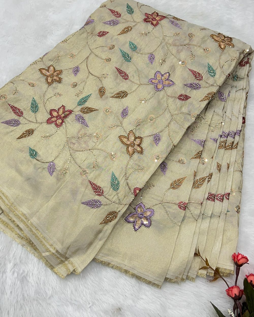 Cosmos Golden Colour fabric with Multicolor Floral Work 42 Inches Width