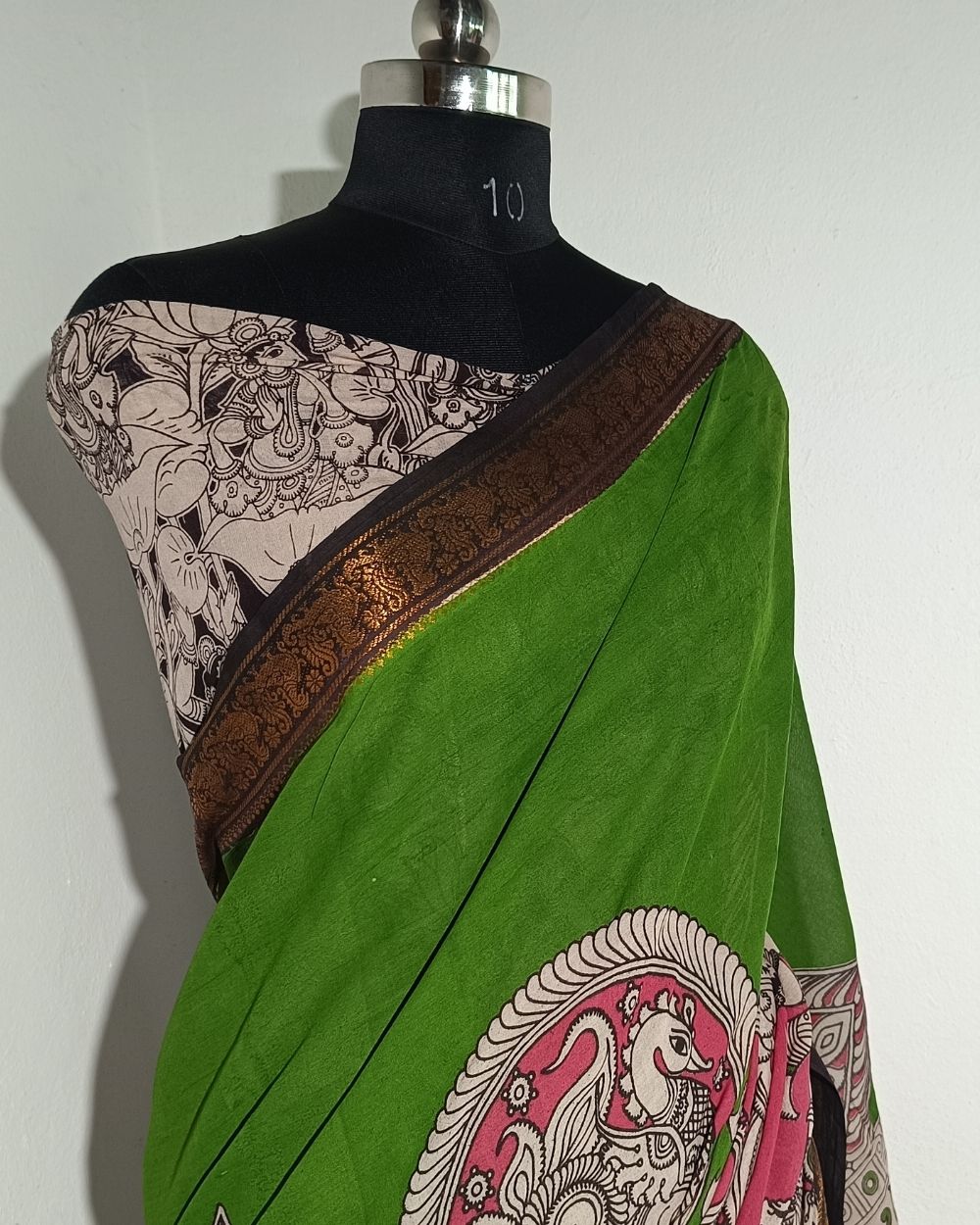 Hand Block Printed Cotton Kalamkari Saree with Blouse Piece Parrot Green Colour 46 Inches Width