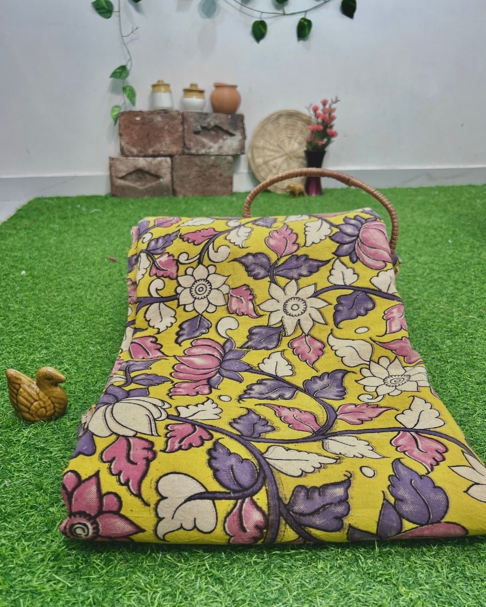 Hand Block Printed Cotton Kalamkari Yellow Colour 47 Inches Width