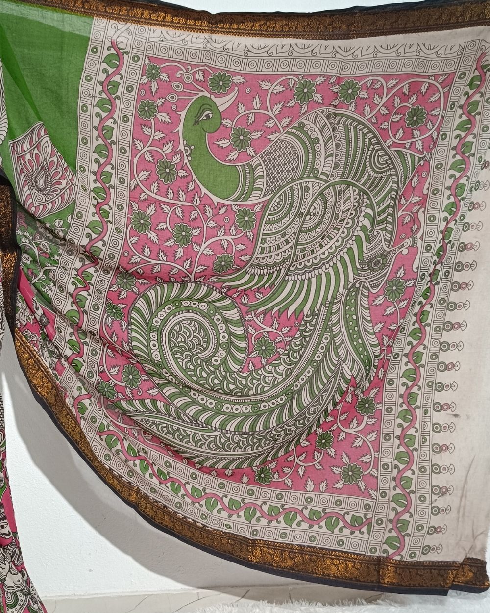 Hand Block Printed Cotton Kalamkari Saree with Blouse Piece Parrot Green Colour 46 Inches Width