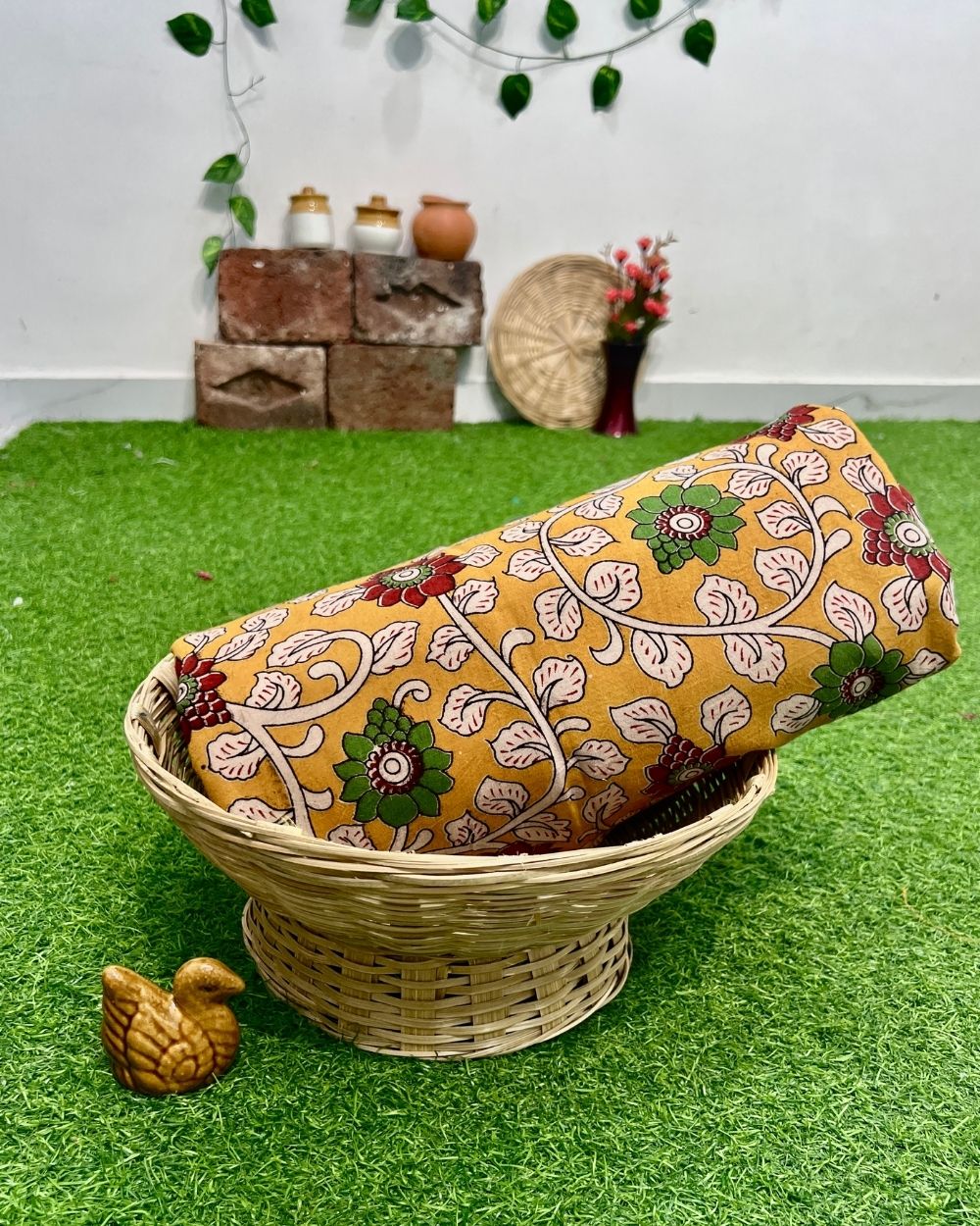 Hand Block Printed Cotton Kalamkari Yellow Colour 47 Inches Width