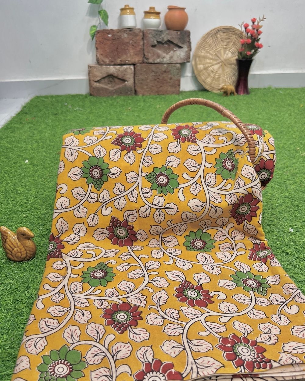 Hand Block Printed Cotton Kalamkari Yellow Colour 47 Inches Width