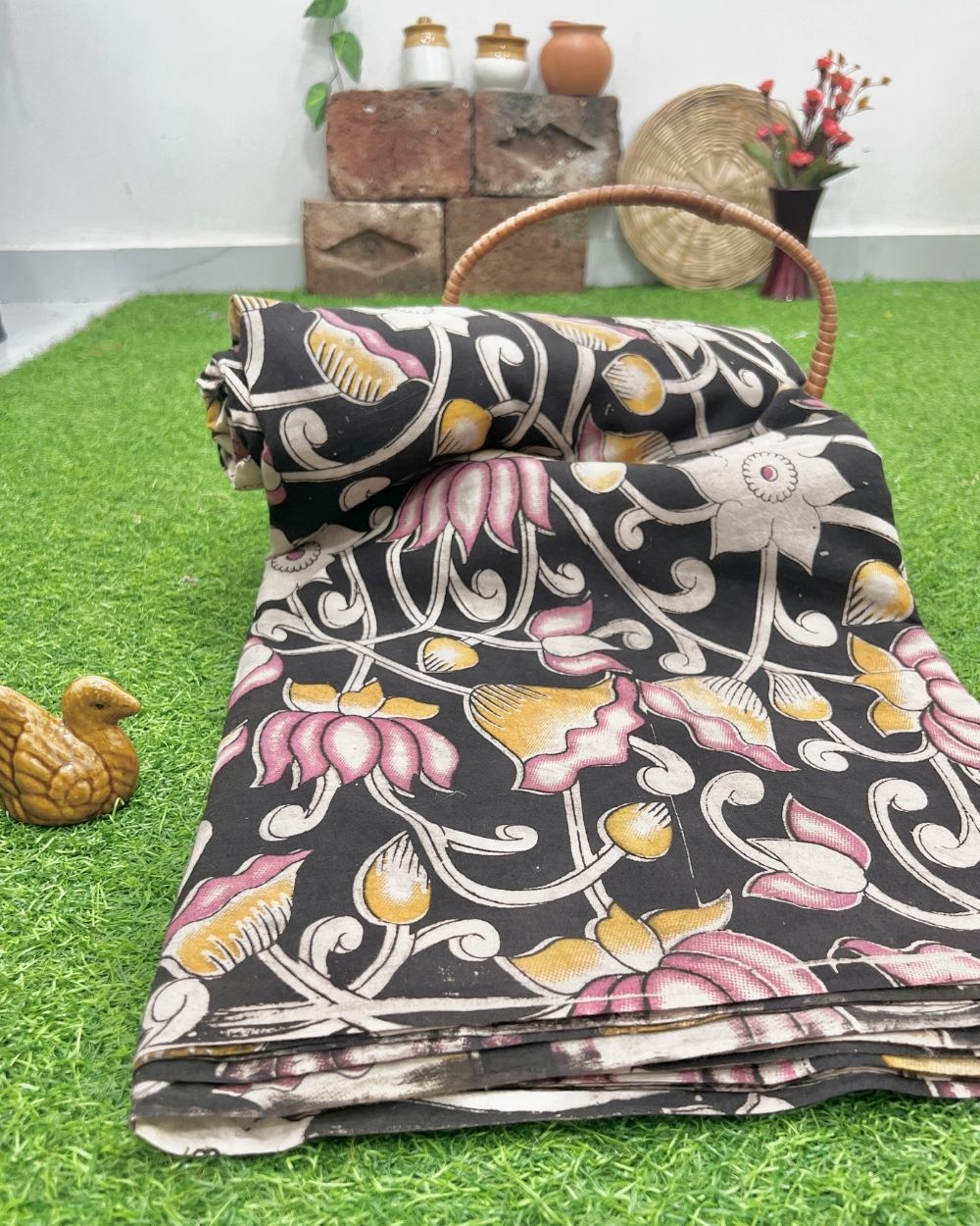 Hand Block Printed Cotton Kalamkari Black Colour 47 Inches Width