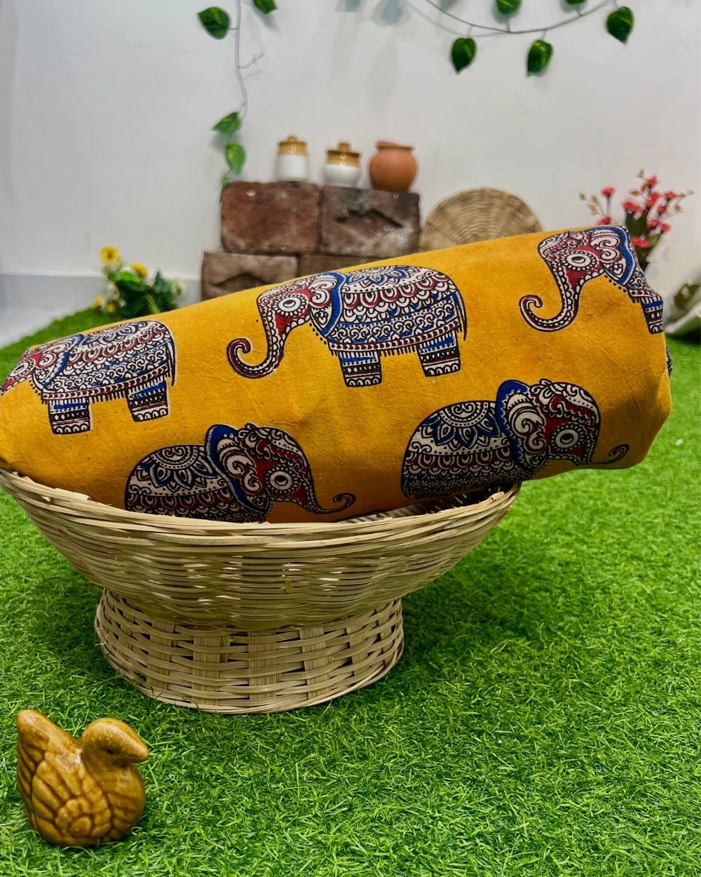 Hand Block Printed Cotton Kalamkari Turmeric Yellow Colour 47 Inches Width