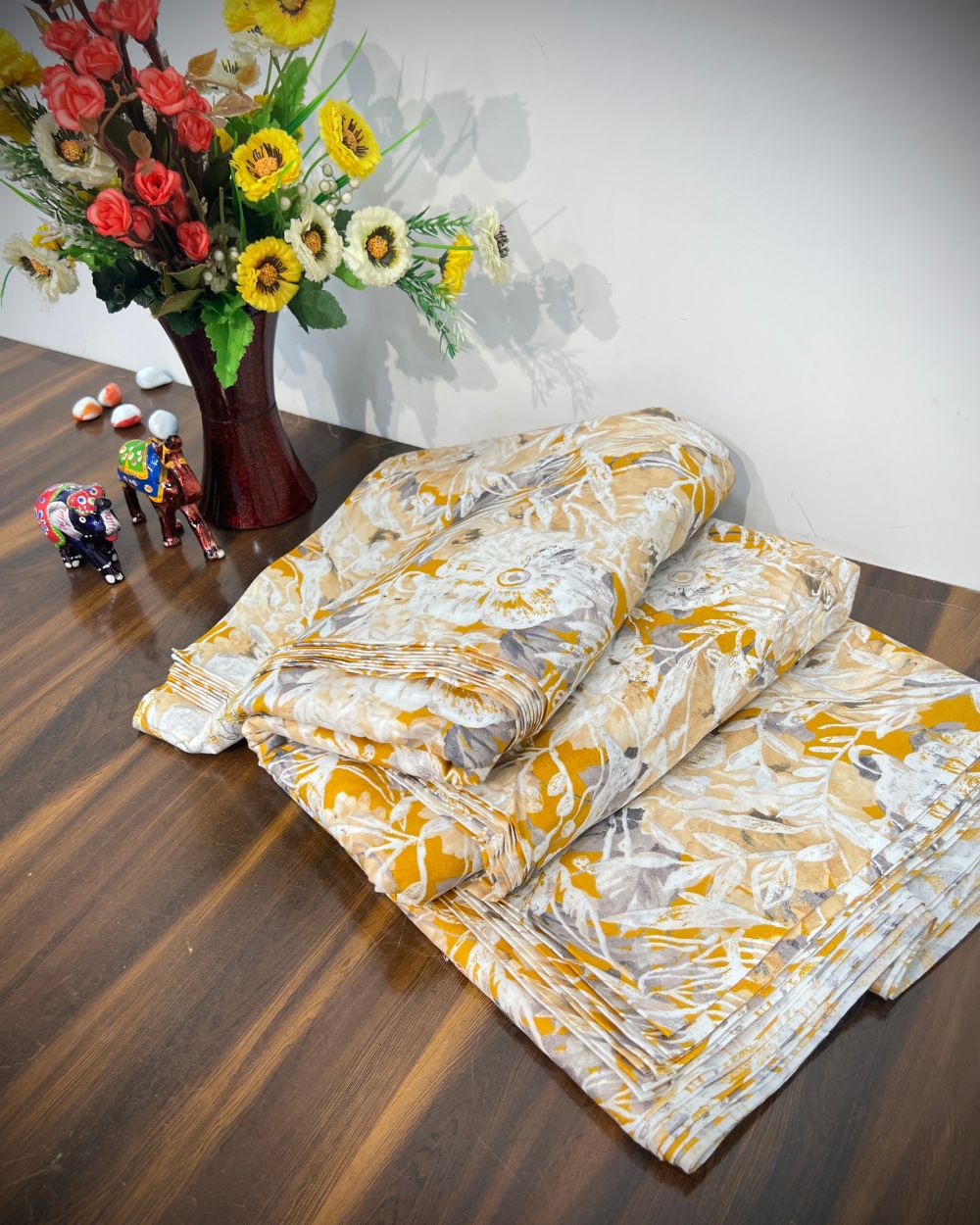 Printed Mal Cotton with Foil Mustard Yellow Colour 42 Inches Width