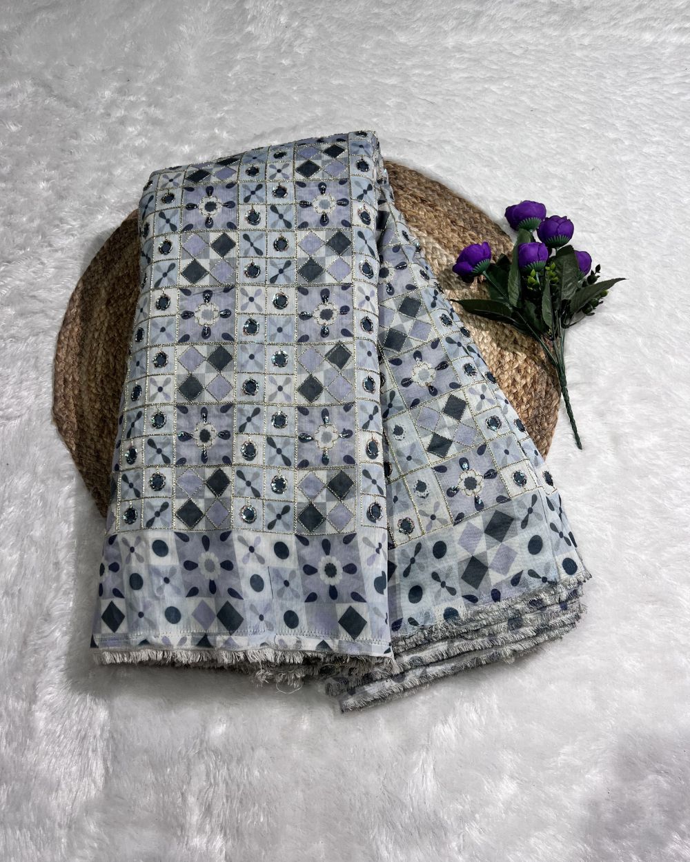Banglori Crochet Work Grey 47 Inches Width
