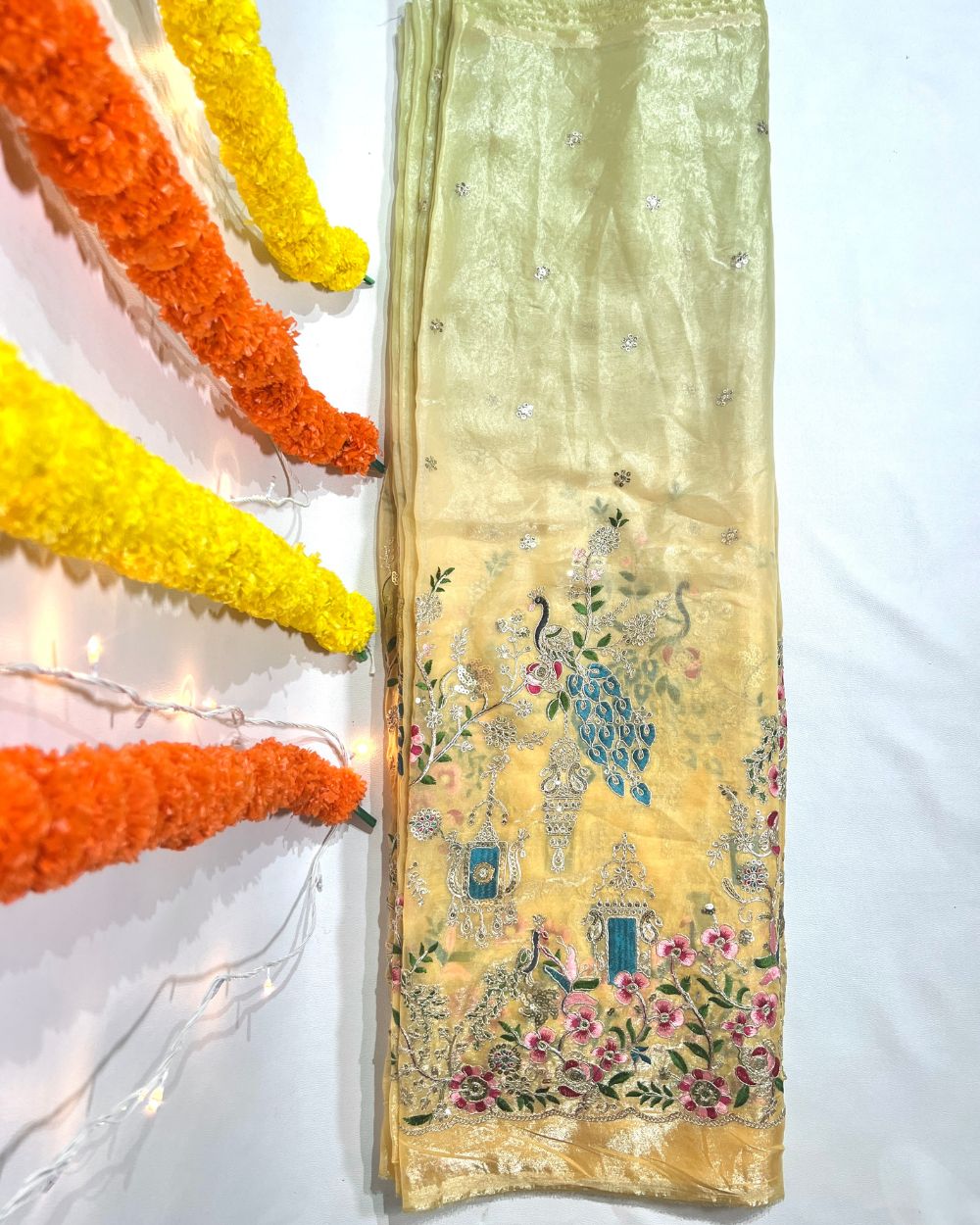 Shaded  Space Silk with Border Work Golden Colour 46 Inches Width