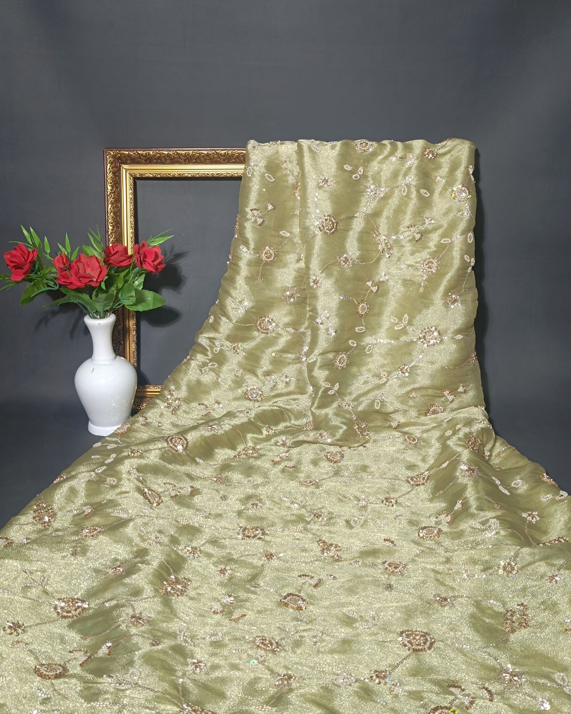 Shimmer Silk Work Pastel Pista Colour 42 Inches Width