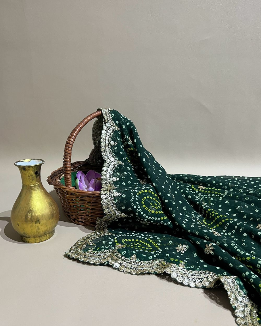 Georgette  Bandhani Dupatta with Cut Work Border Bottle Green Colour 37 Inches Width
