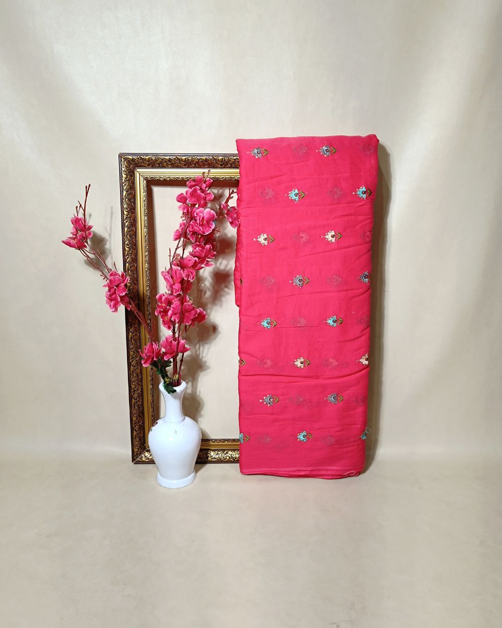 Mal Cotton with Thread Work Carrot Pink Colour 40 Inches Width