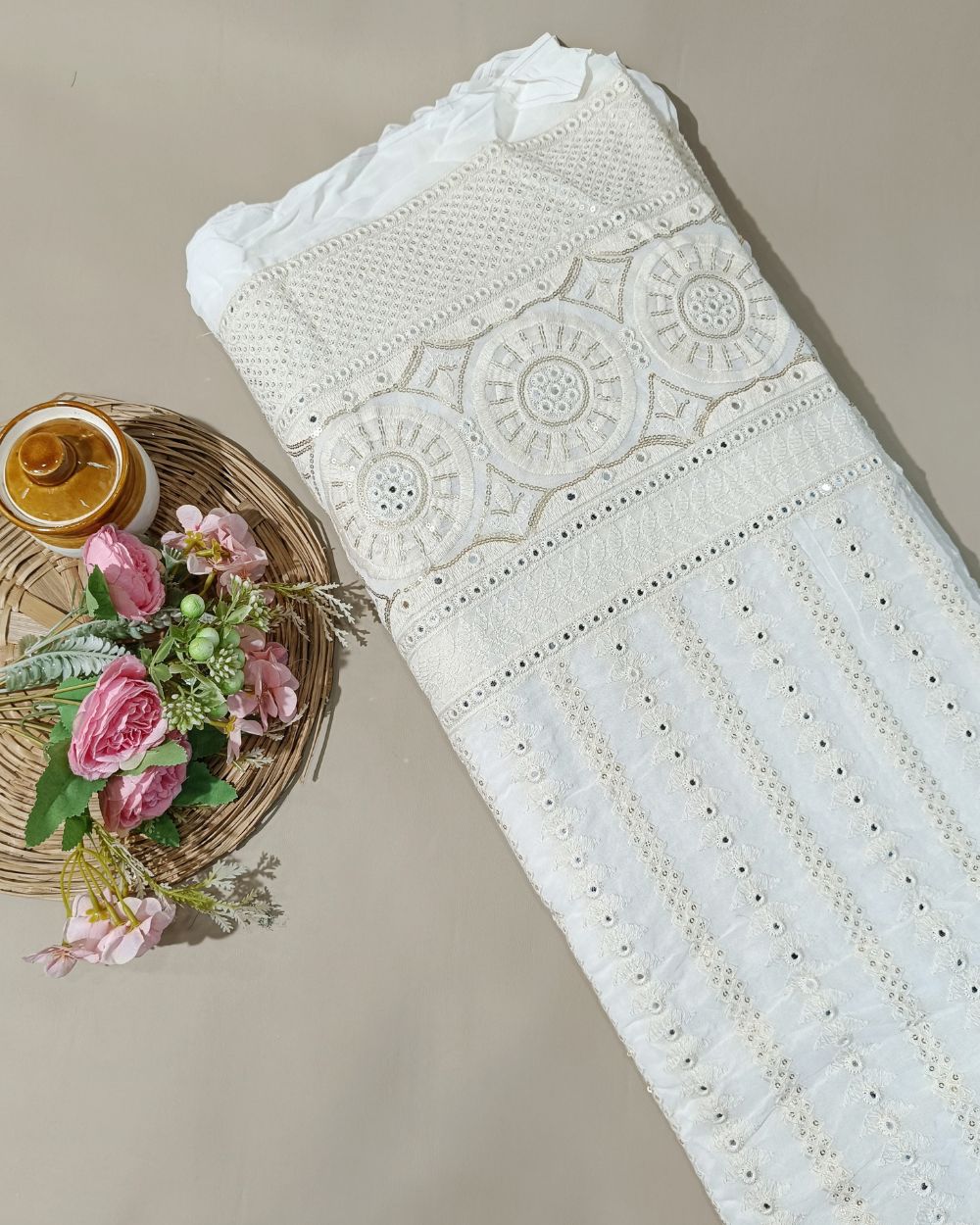 Dyeable Lucknowi Work Viscose Georgette White Colour 54 inches width