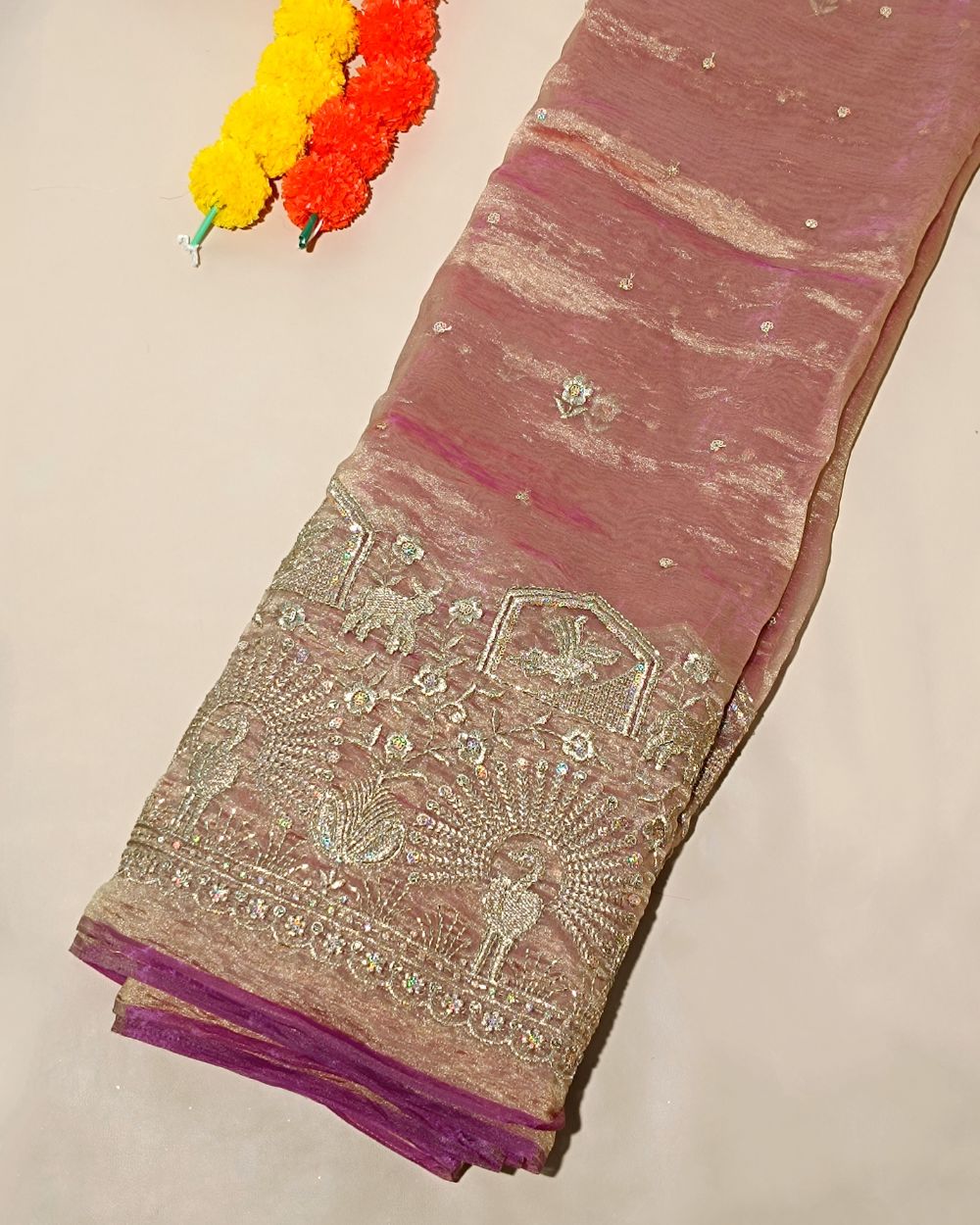 Hiranya with Border Work Onion Pink Colour 44 Inches Width