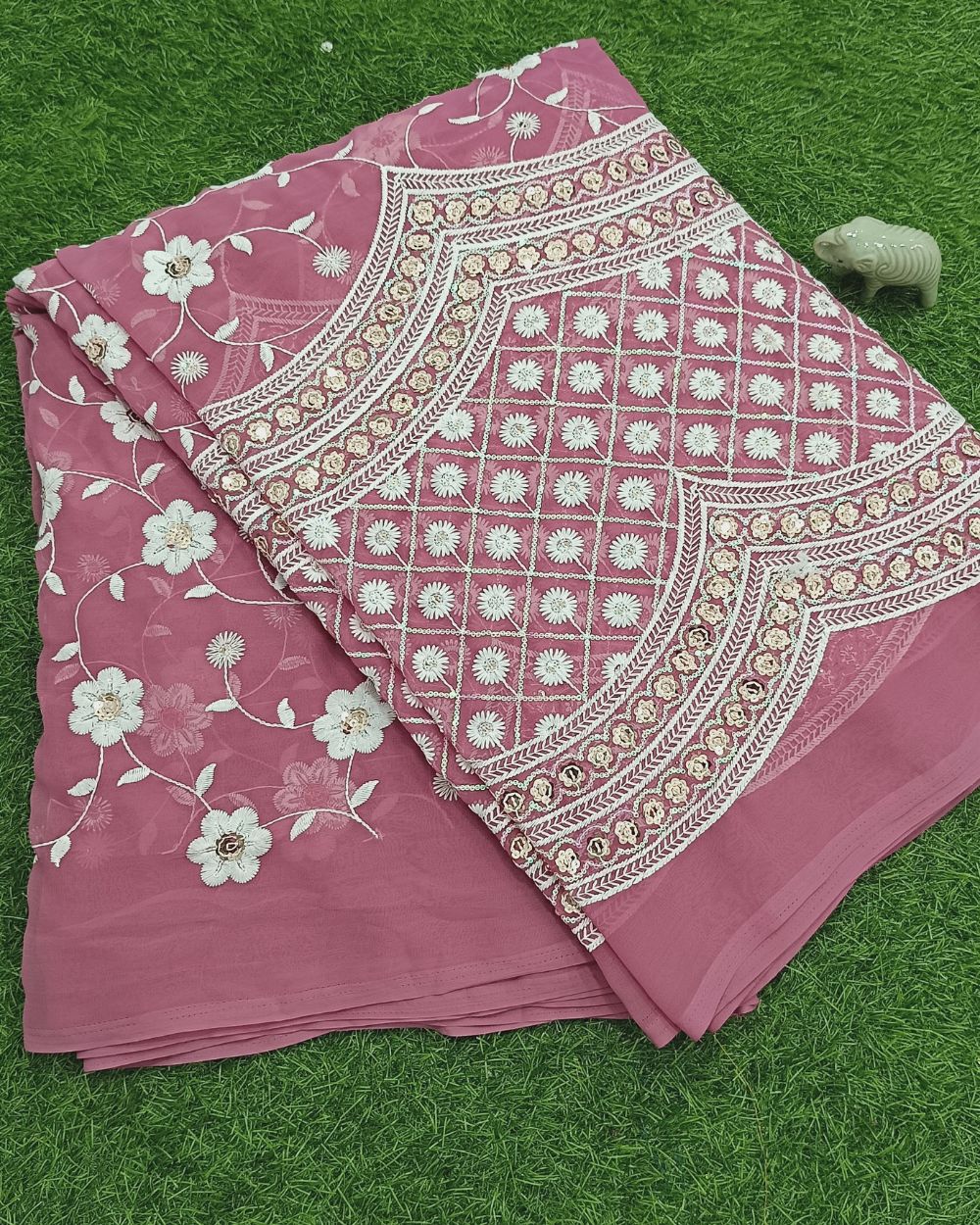 Georgette Work with Cutwork Panel Onion Pink Colour 43 Inches Width