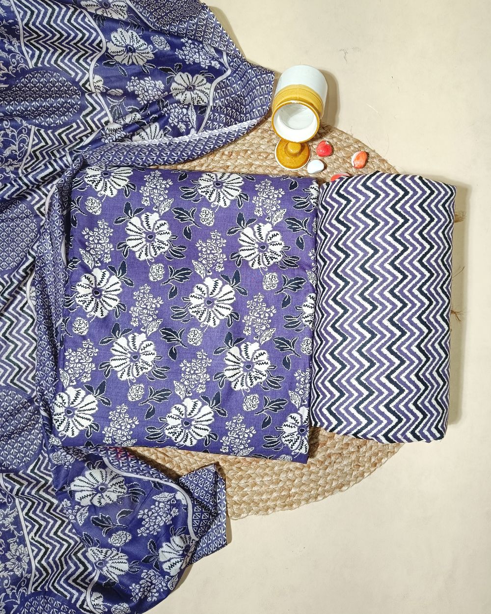 Printed Cotton Unstitched Top-Bottom Set with Dupatta Dark Purple Colour 44 Inches Width