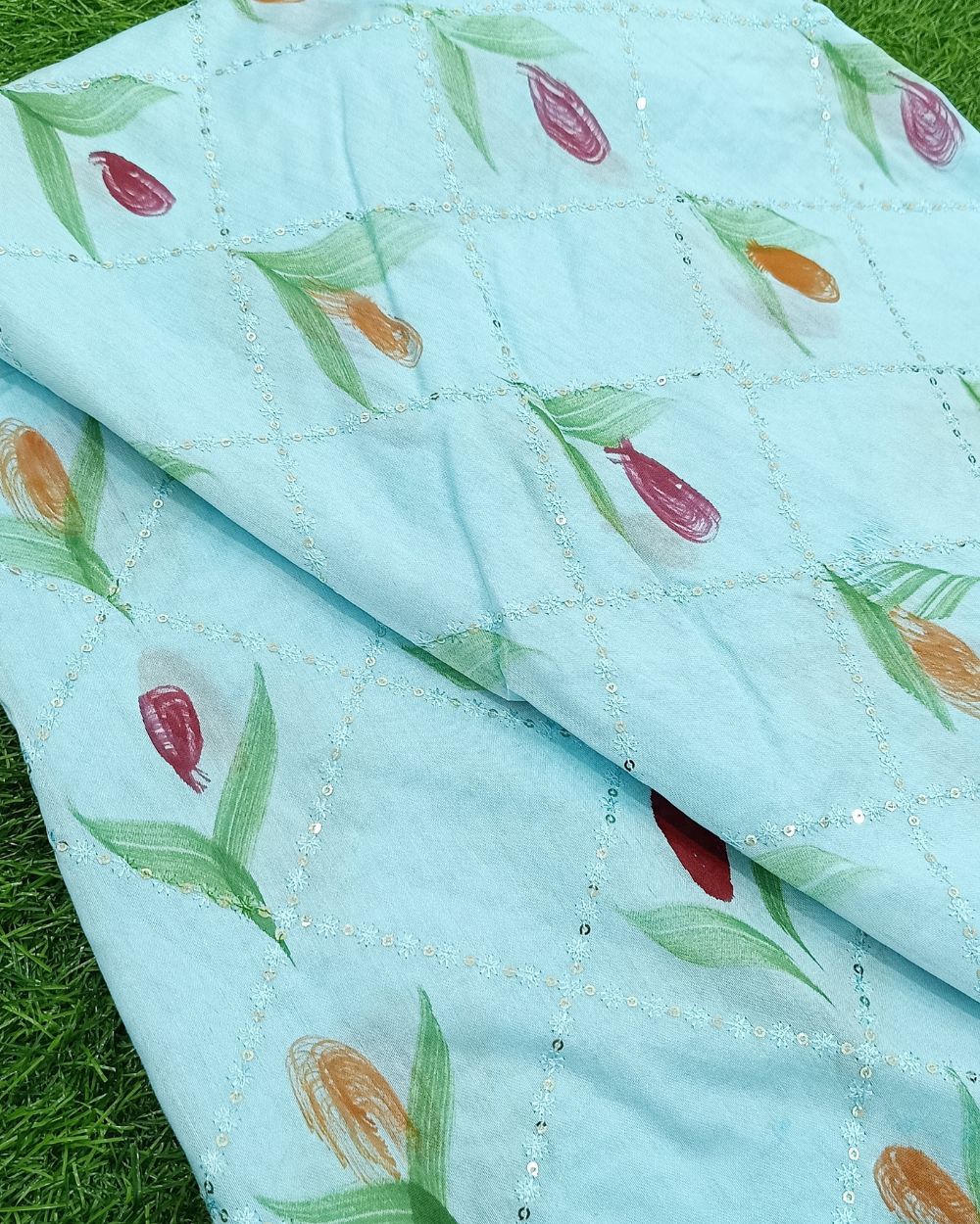 Chanderi Work Sky Blue Colour 46 Inches Width