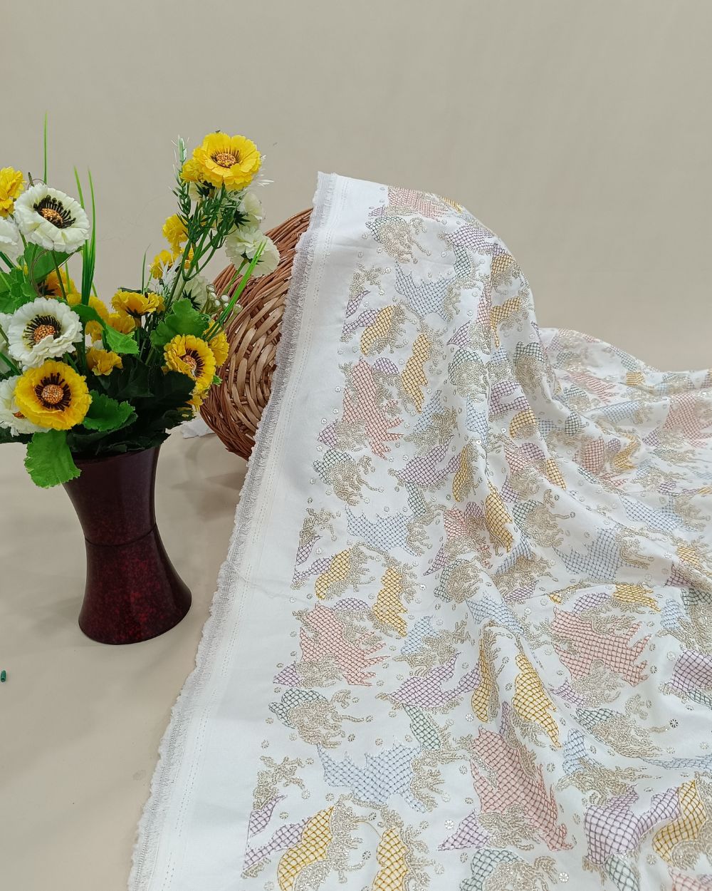 Malai Silk Work Cream White Colour 56 Inches Width