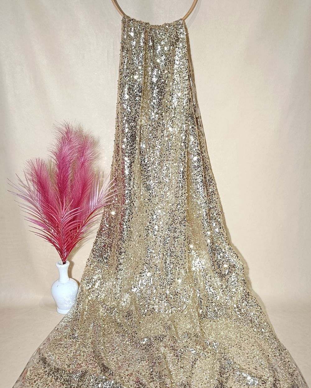 Net Sequins Work Light Golden Colour 44 Inches Width