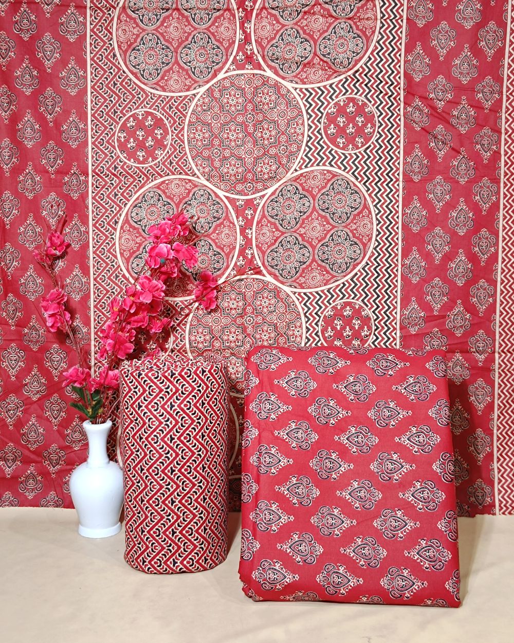 Printed Cotton Unstitched Top-Bottom Set with Dupatta Maroon Colour 44 Inches Width