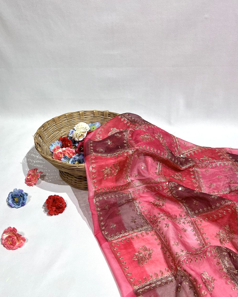 Position Print with Sequin Embroidery on Premium Organza Watermelon Pink Colour 44 Inches Width