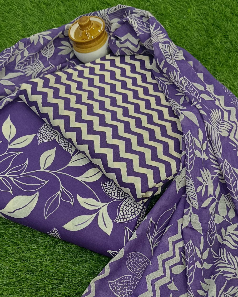 Printed Cotton Unstitched Top-Bottom Set with Dupatta Dark Lavender Colour 42  Inches Width