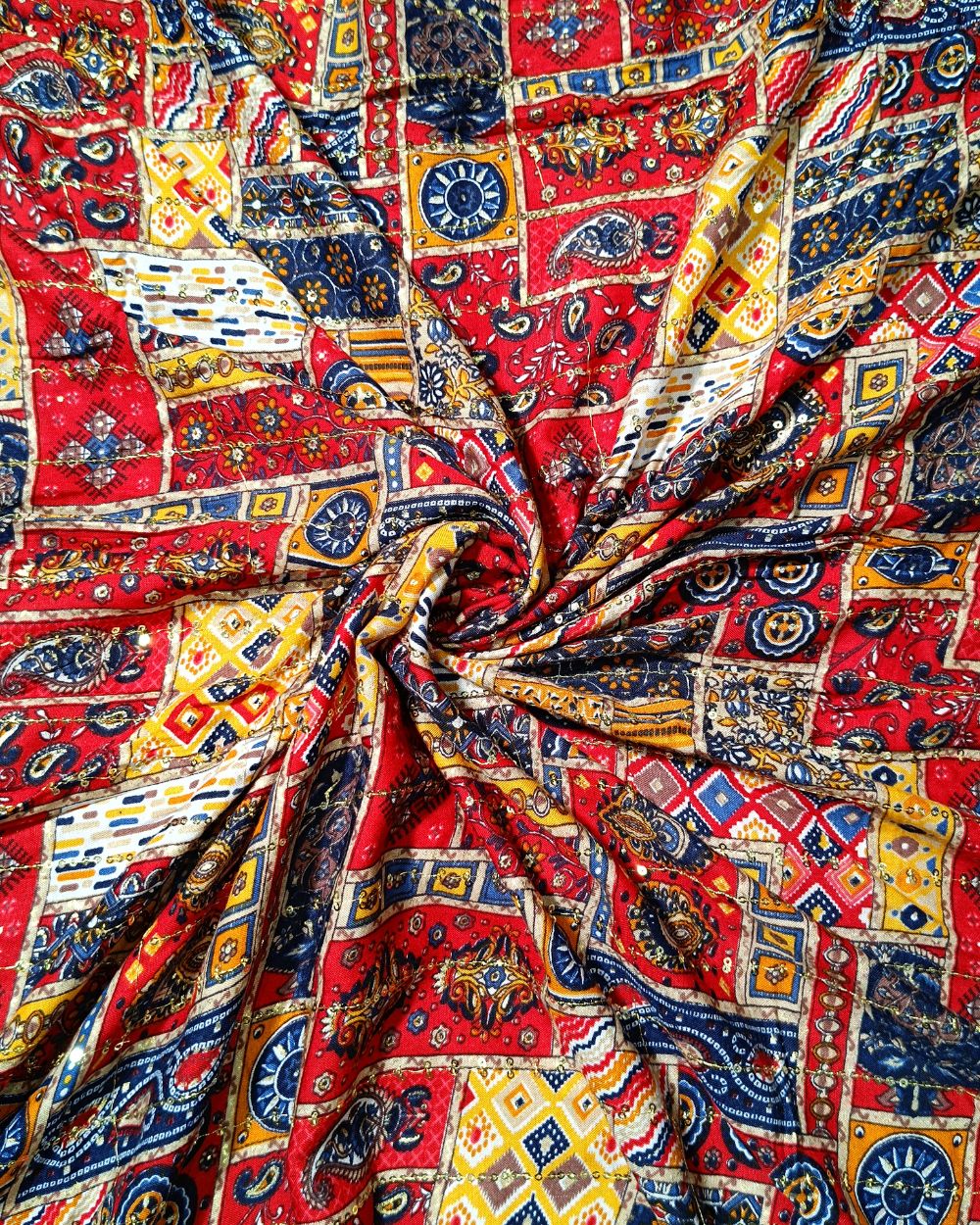 Rayon Sequin Work Red 43 Inches Width