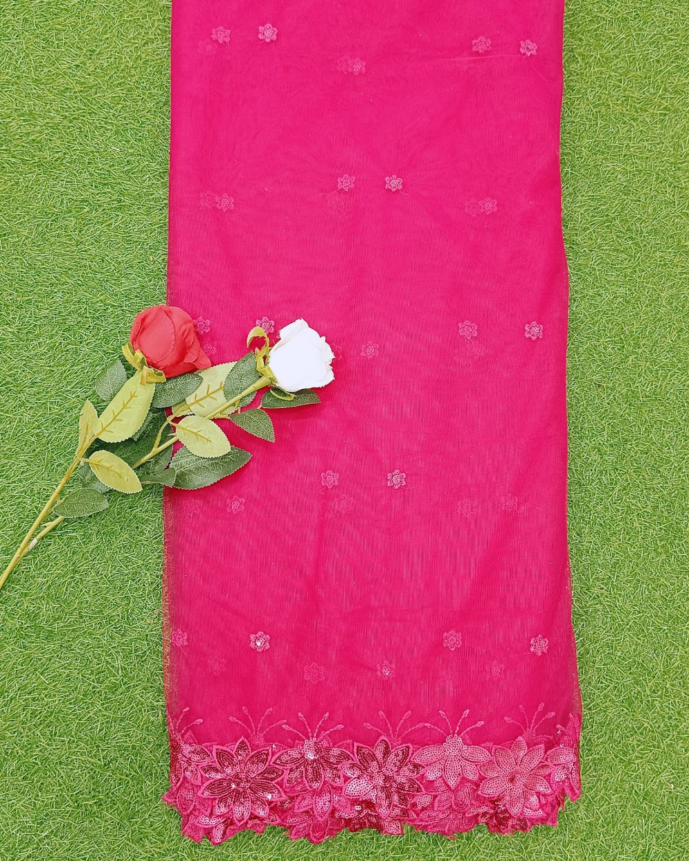 Net Work with both side Cutwork Border Pink Colour 37 Inches Width