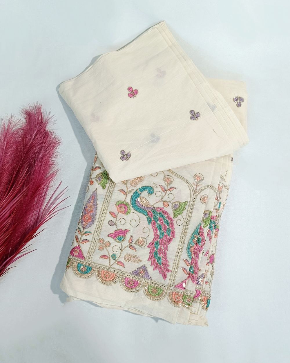 Kora Cotton Border Work Off White Colour 46 Inches Width