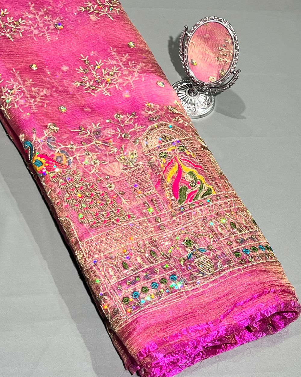 Premium Organza Crush Work Blush Pink Colour 42 Inches Width