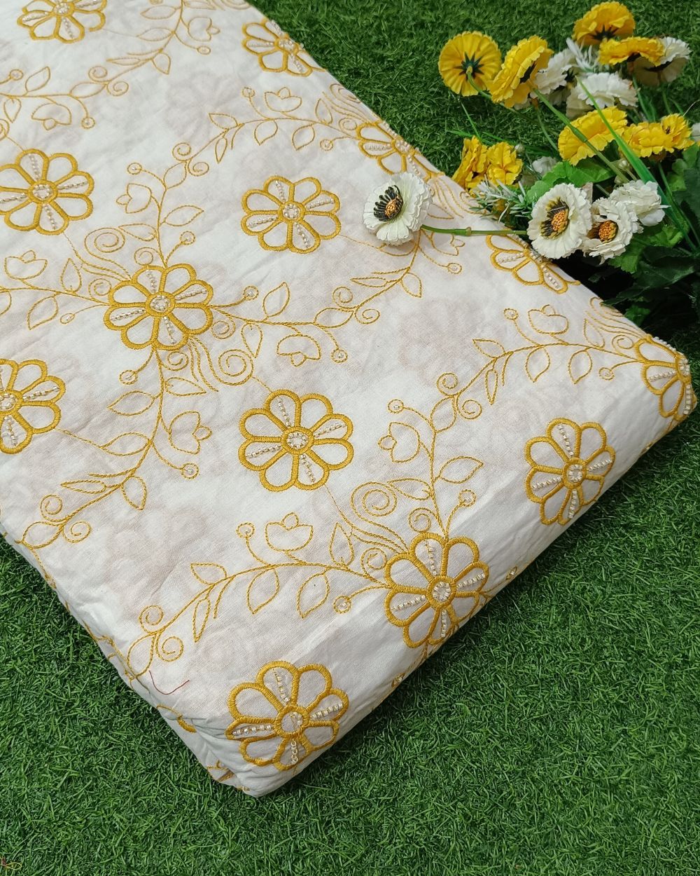 Kora Cotton Moti Work Yellow Colour 45 Inches Width