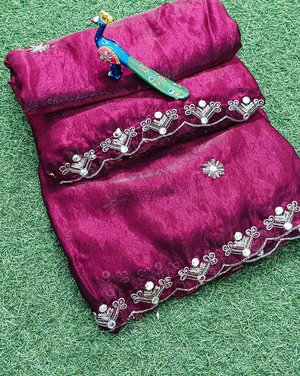 Space Silk with Cutwork Border Pinkish Wine Colour 38 Inches Width