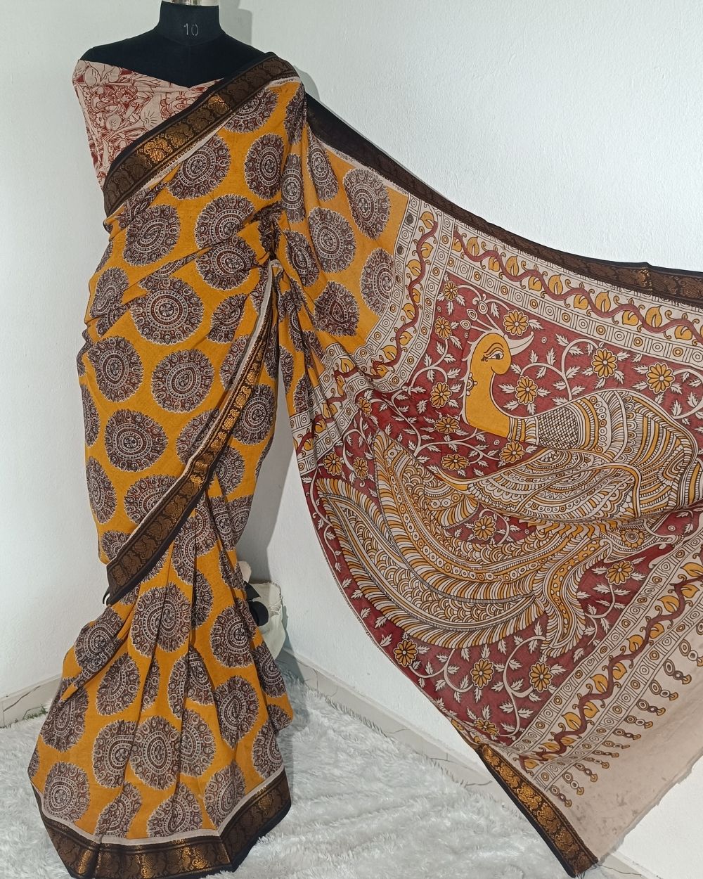 Hand Block Printed Cotton Kalamkari Saree with Blouse Piece Turmeric Yellow Colour 46 Inches Width