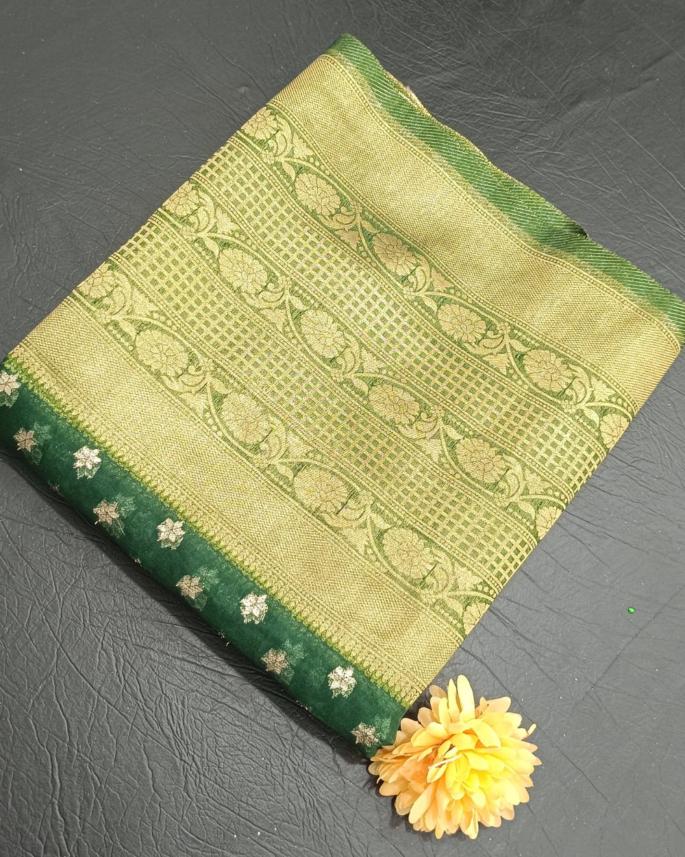 Organza Zari Work with Border Dark Green Colour 42 Inches Width