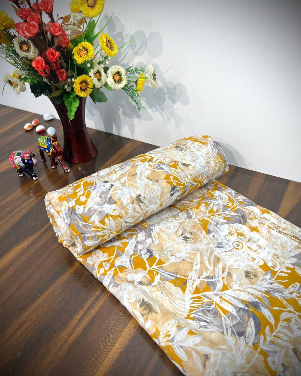 Printed Mal Cotton with Foil Mustard Yellow Colour 42 Inches Width
