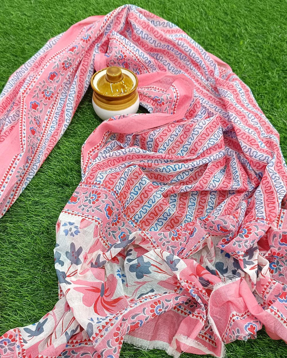 Printed Cotton Unstitched Top-Bottom Set with Dupatta Peach Colour 42  Inches Width