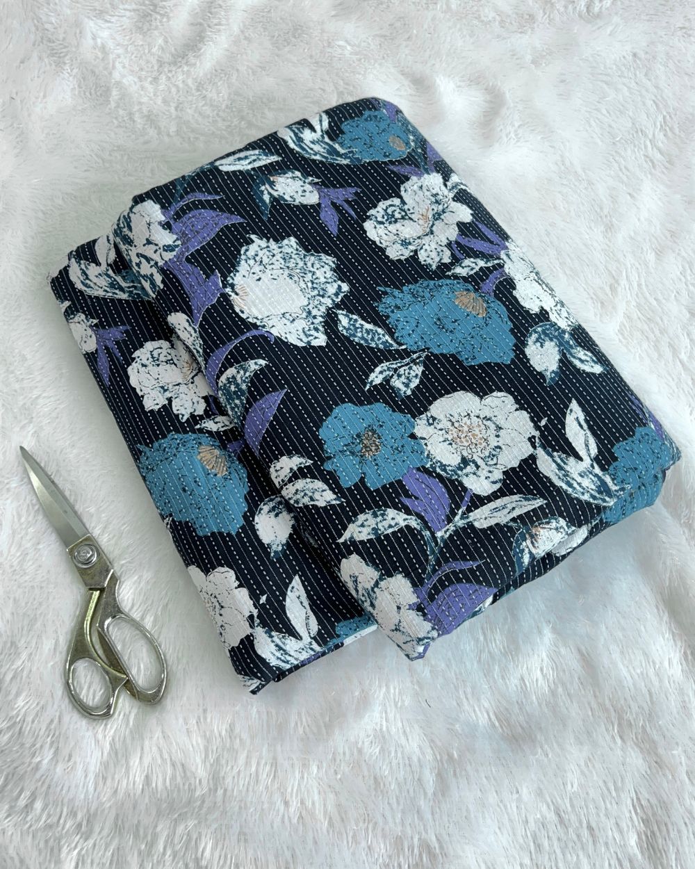 Printed Cotton Kantha Work Dark Navy Blue Colour 42 Inches Width