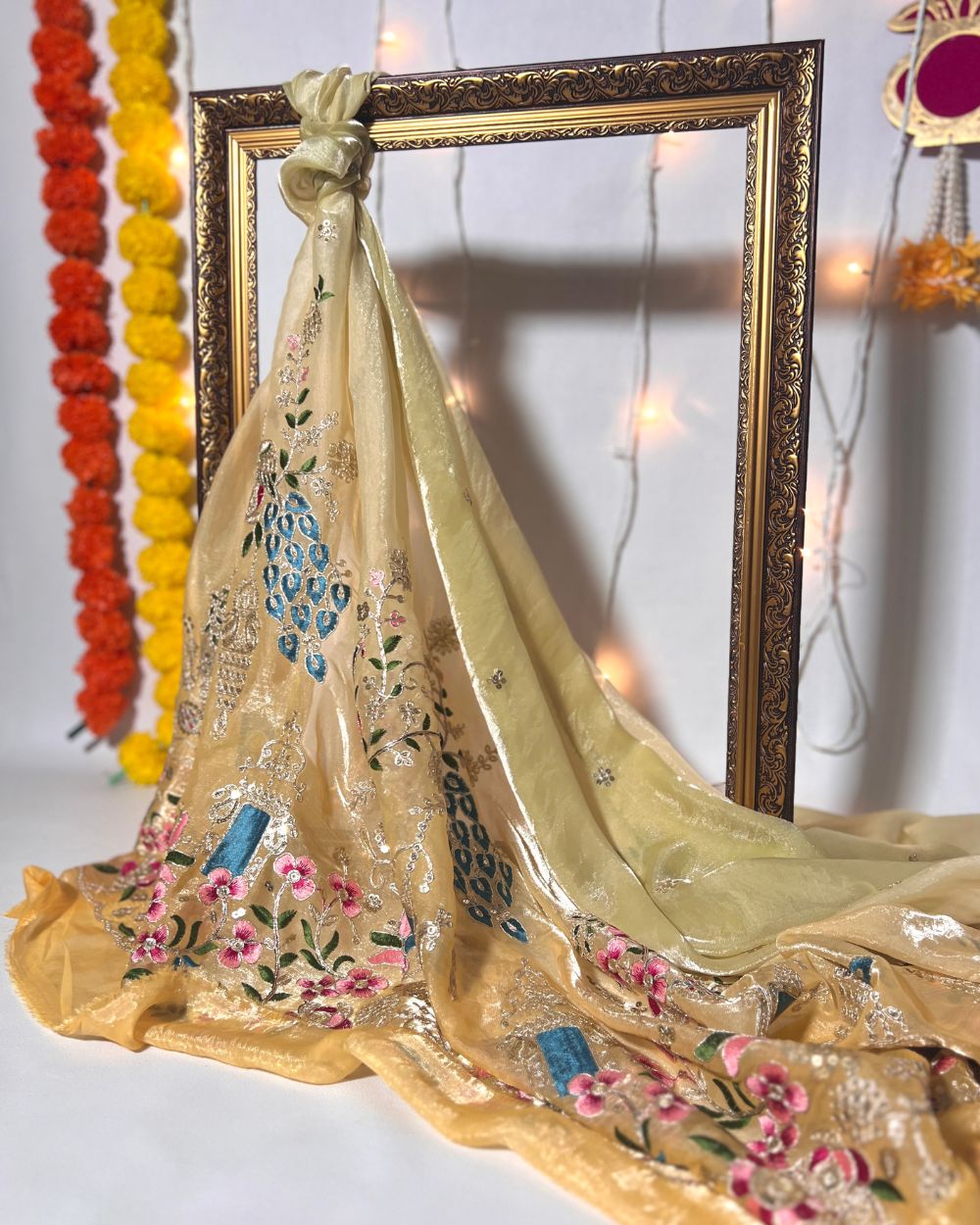 Shaded  Space Silk with Border Work Golden Colour 46 Inches Width